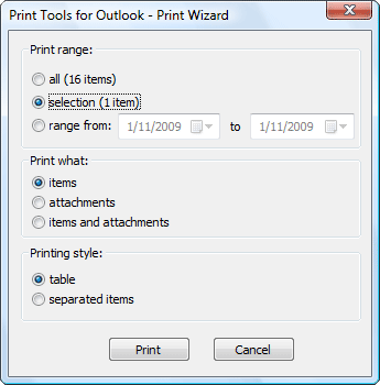 Druckassistent von Print Tools für Outlook